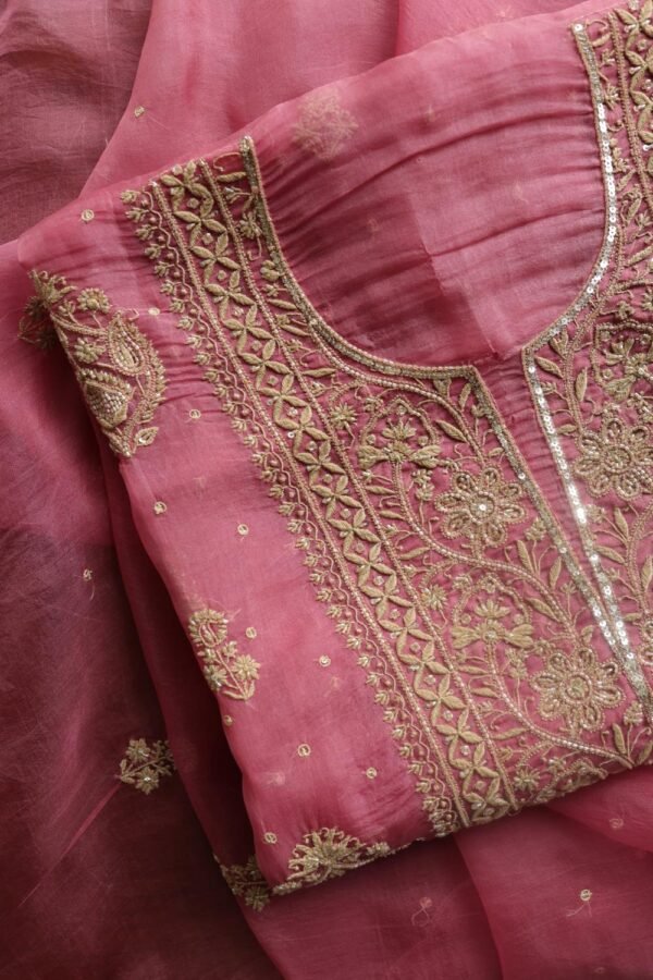 Pink Noor Organza Silk Chikankari Unstitched Kurta Dupatta Set