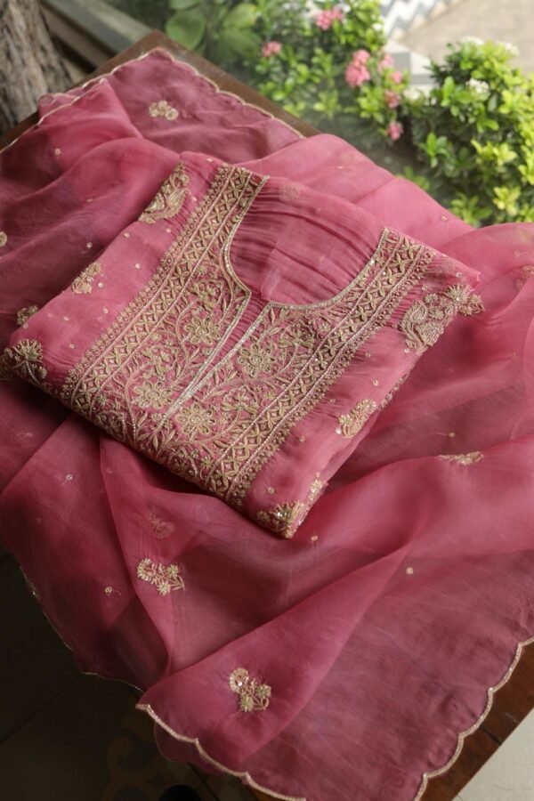 Pink Noor Organza Silk Chikankari Unstitched Kurta Dupatta Set - Image 7