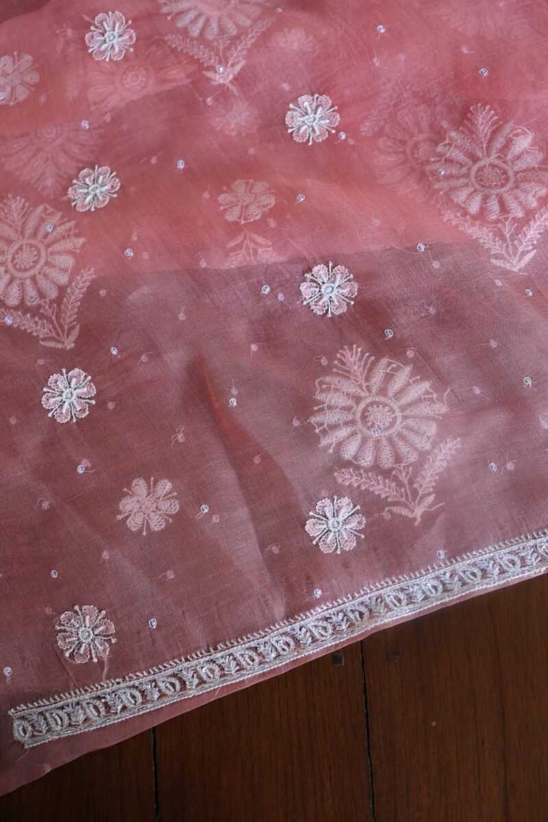 Pink Noor Organza Silk Chikankari Unstitched Kurta Dupatta Set