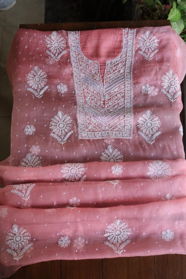 Pink Noor Organza Silk Chikankari Unstitched Kurta Dupatta Set - Image 5