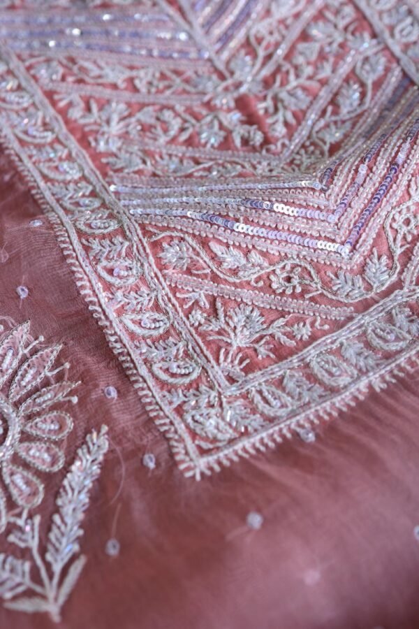 Pink Noor Organza Silk Chikankari Unstitched Kurta Dupatta Set - Image 7
