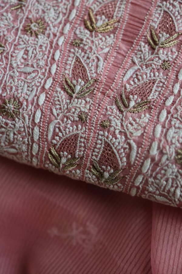 Pink Paper Tussar Resham Chikankari Unstitched Kurta Dupatta Set - Image 14