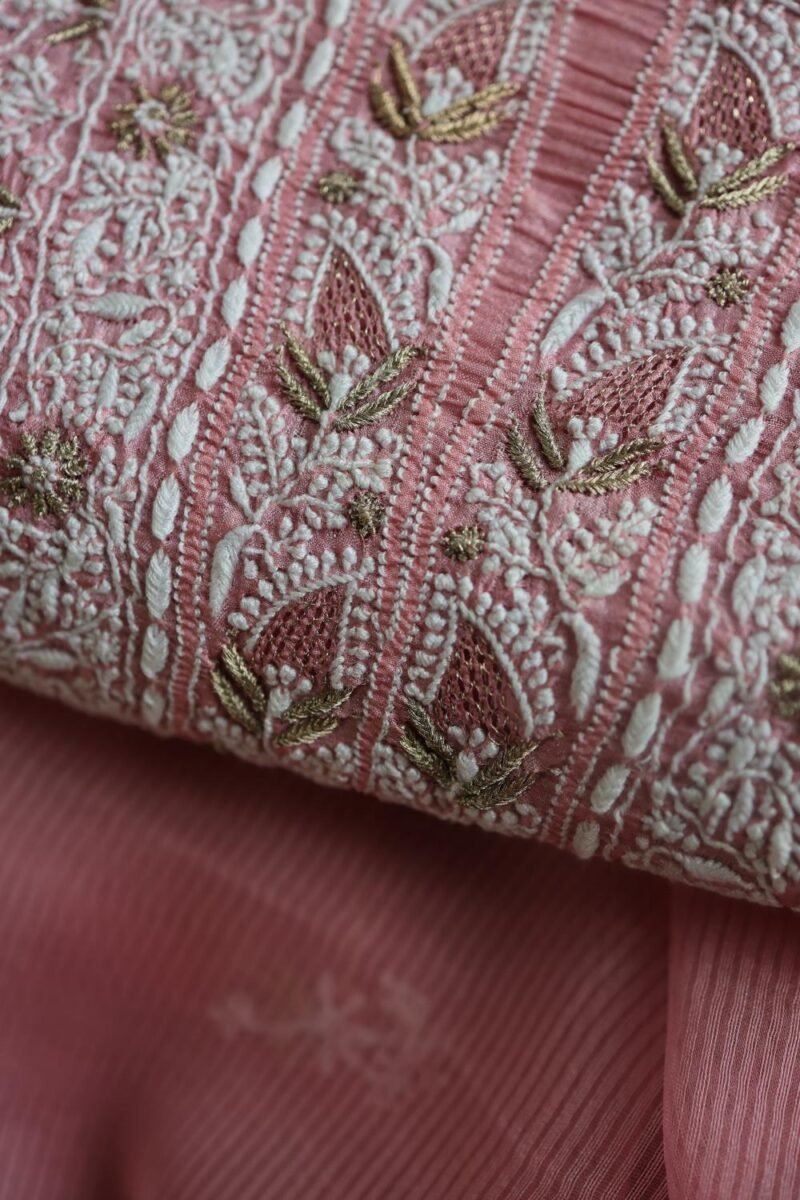 Pink Paper Tussar Resham Chikankari Unstitched Kurta Dupatta Set