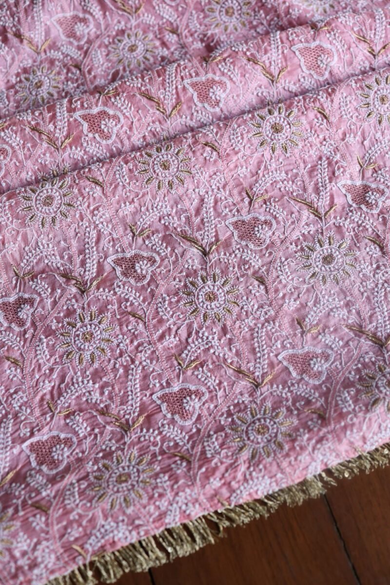 Pink Paper Tussar Resham Chikankari Unstitched Kurta Dupatta Set