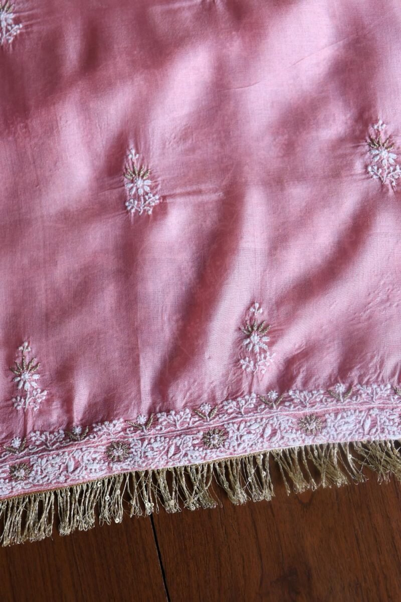 Pink Paper Tussar Resham Chikankari Unstitched Kurta Dupatta Set