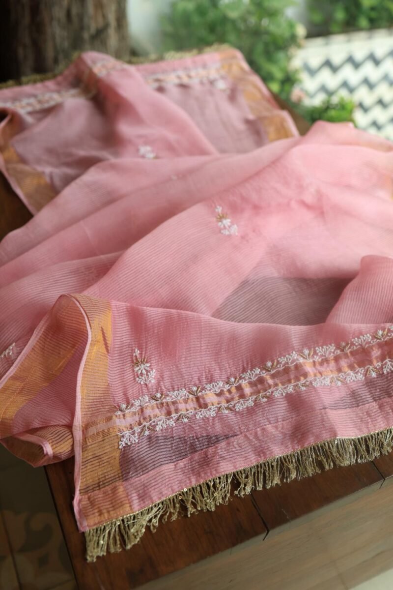 Pink Paper Tussar Resham Chikankari Unstitched Kurta Dupatta Set