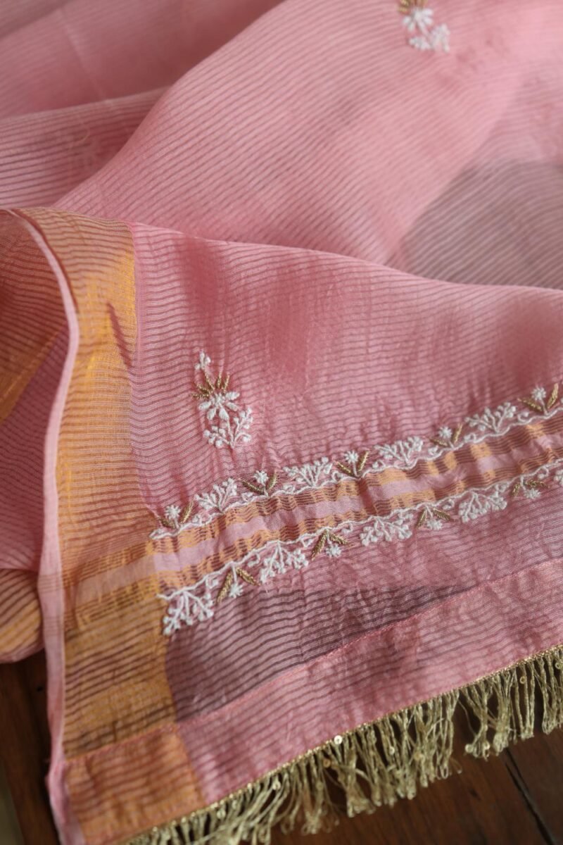 Pink Paper Tussar Resham Chikankari Unstitched Kurta Dupatta Set