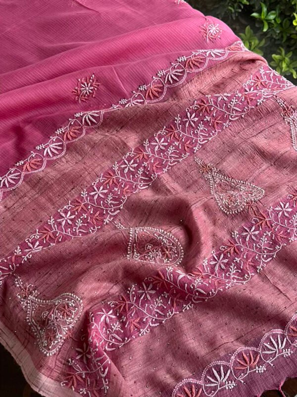 Pink Silk Gheecha Palla Kota Chikankari Saree With Mukaish Kamdani