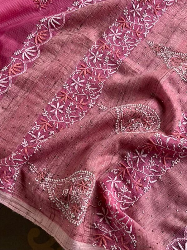 Pink Silk Gheecha Palla Kota Chikankari Saree With Mukaish Kamdani - Image 4