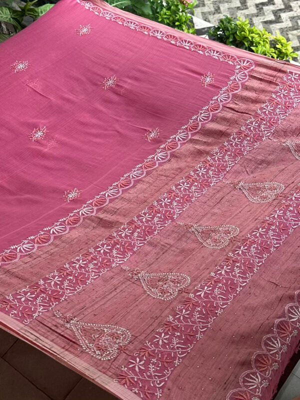 Pink Silk Gheecha Palla Kota Chikankari Saree With Mukaish Kamdani - Image 5