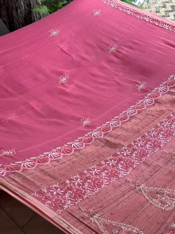 Pink Silk Gheecha Palla Kota Chikankari Saree With Mukaish Kamdani - Image 7