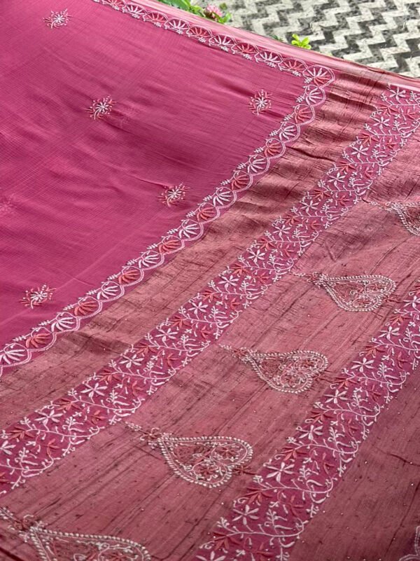 Pink Silk Gheecha Palla Kota Chikankari Saree With Mukaish Kamdani - Image 8