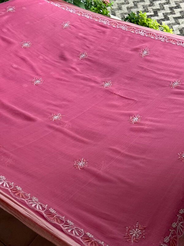 Pink Silk Gheecha Palla Kota Chikankari Saree With Mukaish Kamdani - Image 9
