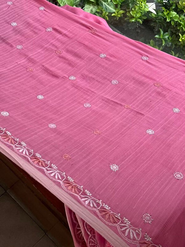 Pink Silk Gheecha Palla Kota Chikankari Saree With Mukaish Kamdani - Image 10