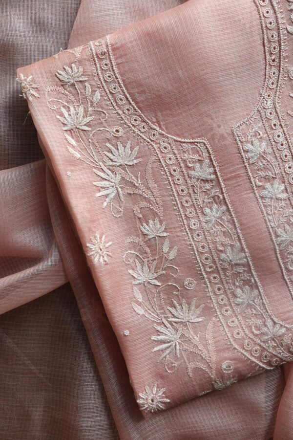 Pink Silk Kota Chikankari Unstitched Kurta Dupatta Set - Image 3