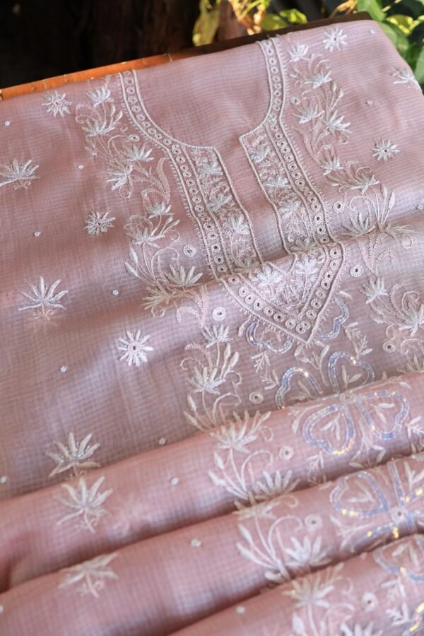 Pink Silk Kota Chikankari Unstitched Kurta Dupatta Set - Image 12