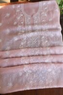 Pink Silk Kota Chikankari Unstitched Kurta Dupatta Set