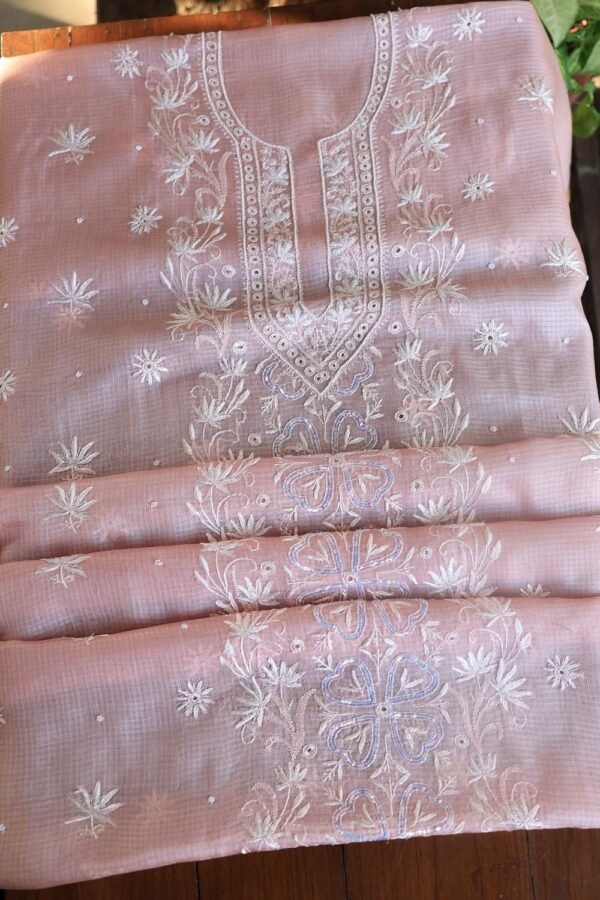 Pink Silk Kota Chikankari Unstitched Kurta Dupatta Set - Image 15