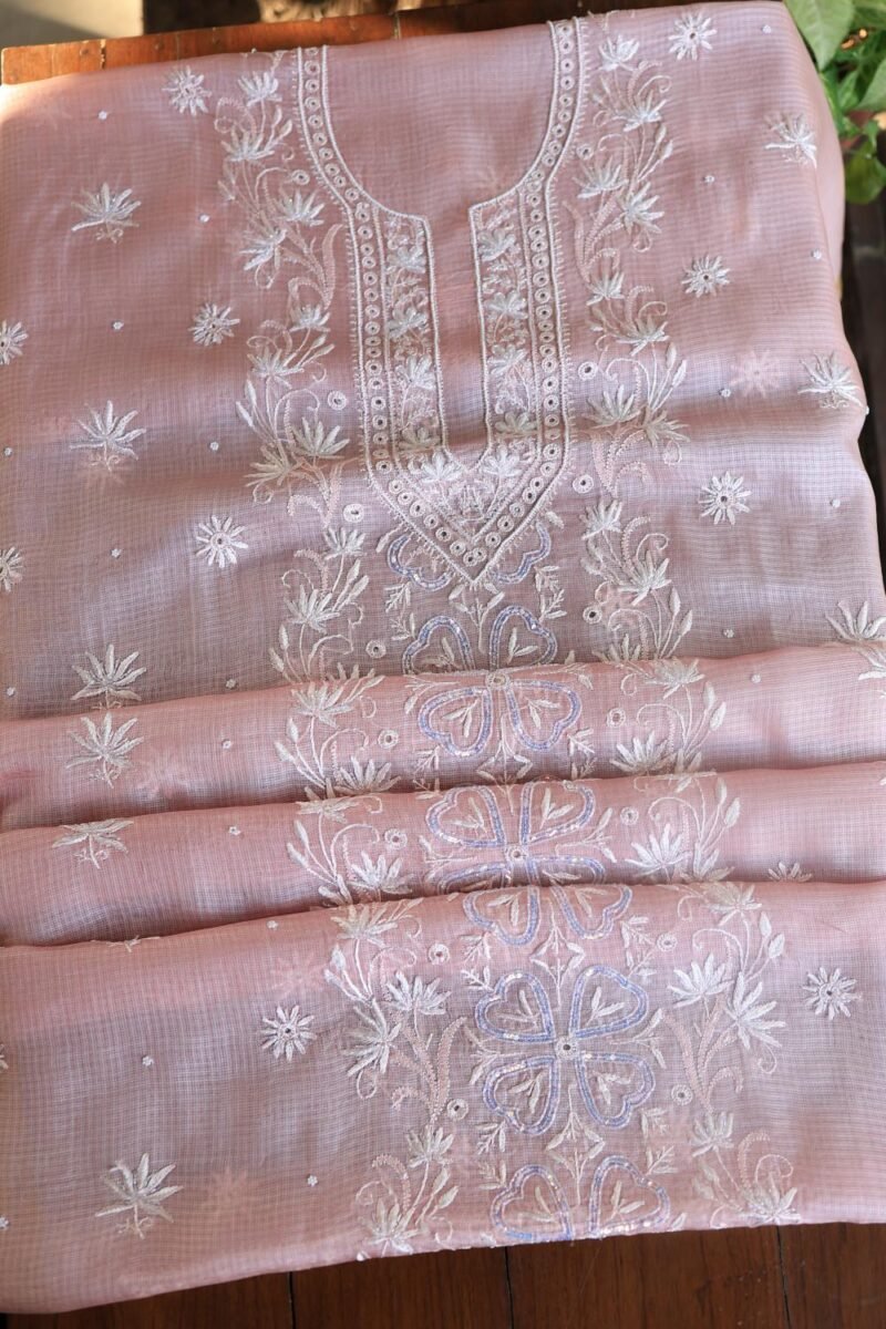Pink Silk Kota Chikankari Unstitched Kurta Dupatta Set