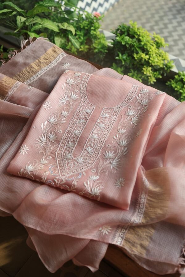 Pink Silk Kota Chikankari Unstitched Kurta Dupatta Set - Image 5