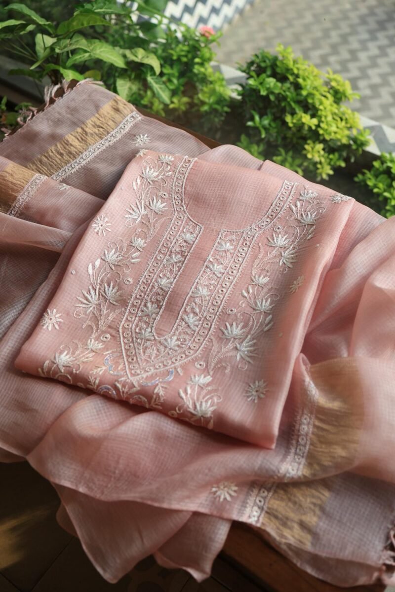 Pink Silk Kota Chikankari Unstitched Kurta Dupatta Set