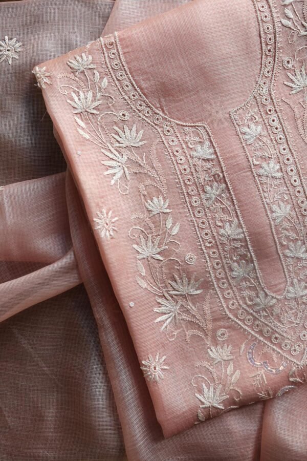 Pink Silk Kota Chikankari Unstitched Kurta Dupatta Set - Image 6
