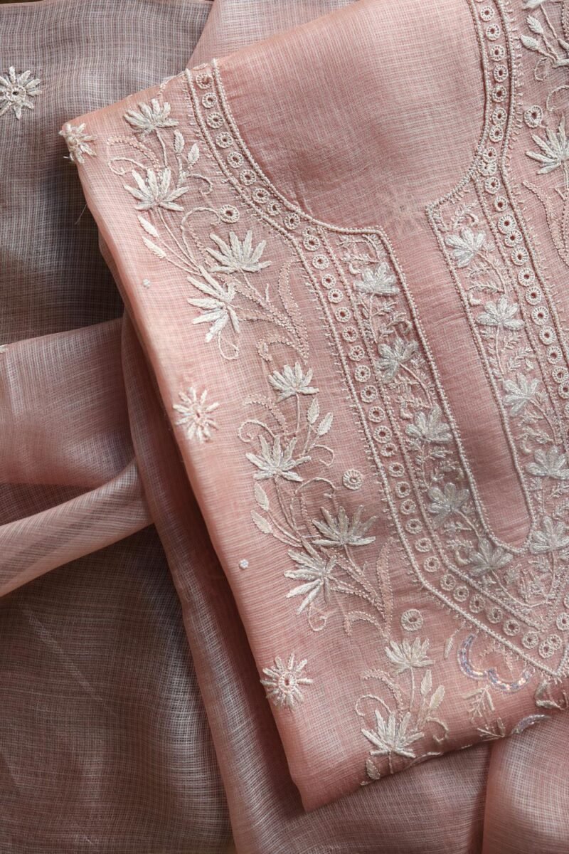 Pink Silk Kota Chikankari Unstitched Kurta Dupatta Set