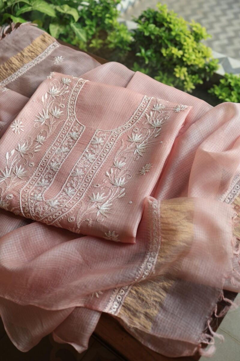 Pink Silk Kota Chikankari Unstitched Kurta Dupatta Set