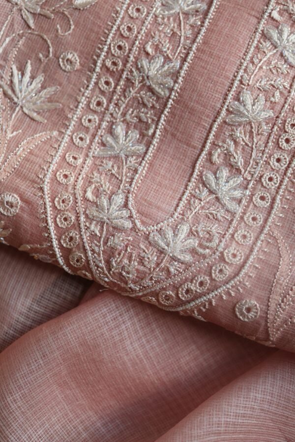 Pink Silk Kota Chikankari Unstitched Kurta Dupatta Set - Image 2