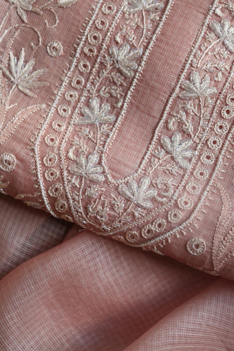 Pink Silk Kota Chikankari Unstitched Kurta Dupatta Set