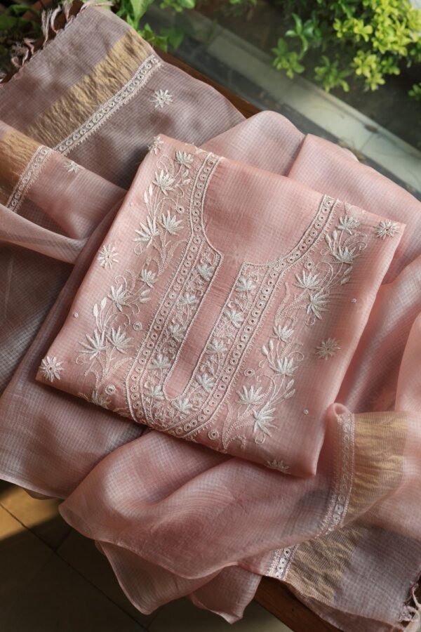 Pink Silk Kota Chikankari Unstitched Kurta Dupatta Set - Image 8