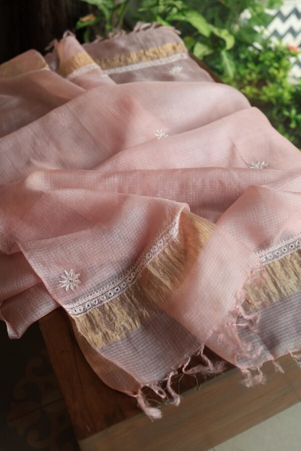 Pink Silk Kota Chikankari Unstitched Kurta Dupatta Set - Image 16