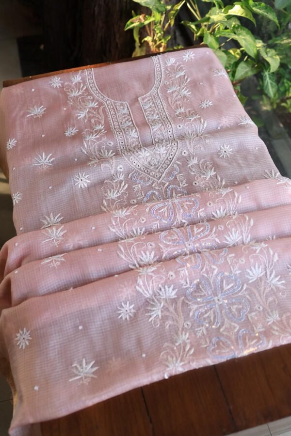Pink Silk Kota Chikankari Unstitched Kurta Dupatta Set - Image 10