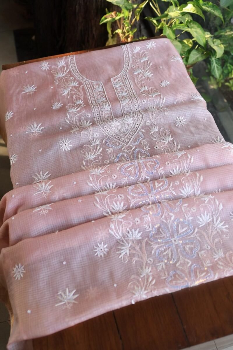 Pink Silk Kota Chikankari Unstitched Kurta Dupatta Set