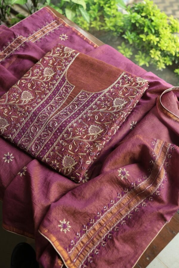 Plum Shade Roheen Tissue Silk Chikankari Fabric