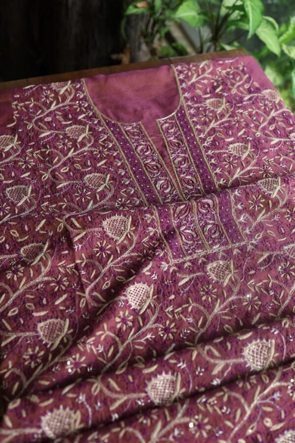 Plum Shade Roheen Tissue Silk Chikankari Fabric - Image 9