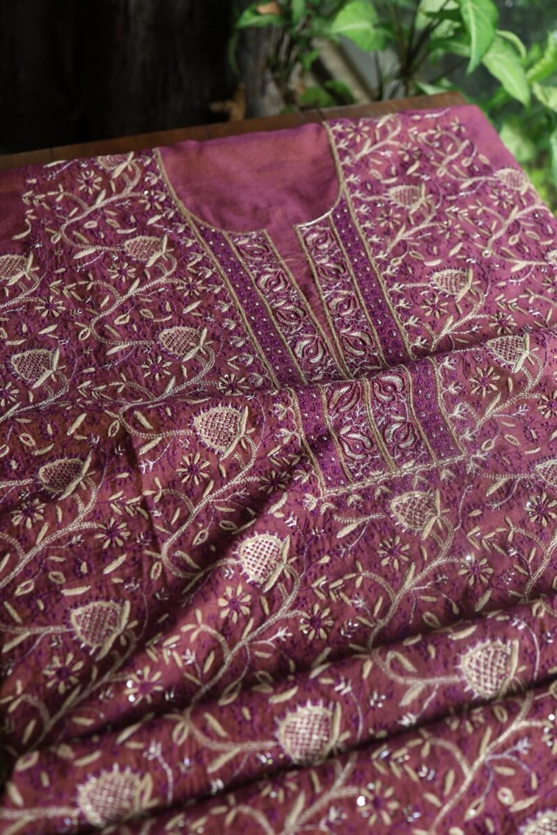 Plum Shade Roheen Tissue Silk Chikankari Fabric