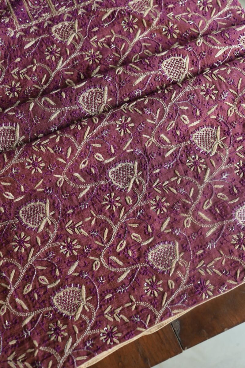 Plum Shade Roheen Tissue Silk Chikankari Fabric