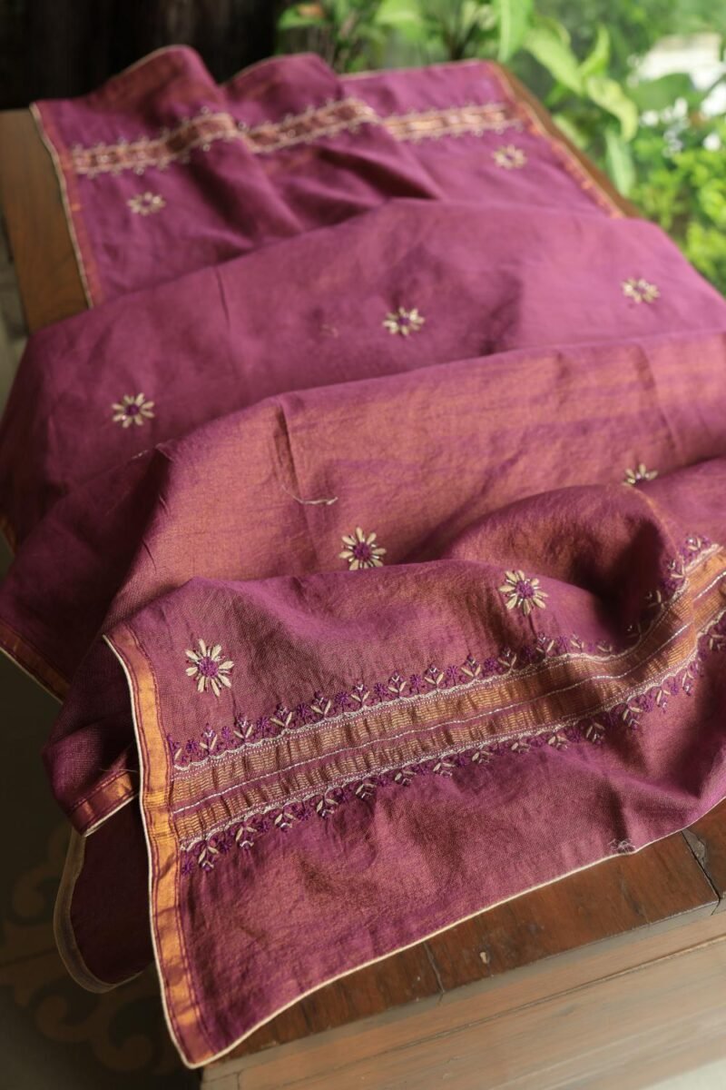 Plum Shade Roheen Tissue Silk Chikankari Fabric