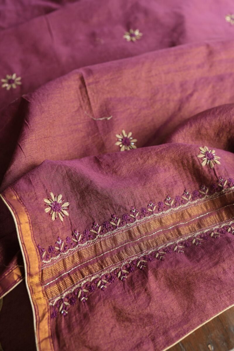Plum Shade Roheen Tissue Silk Chikankari Fabric