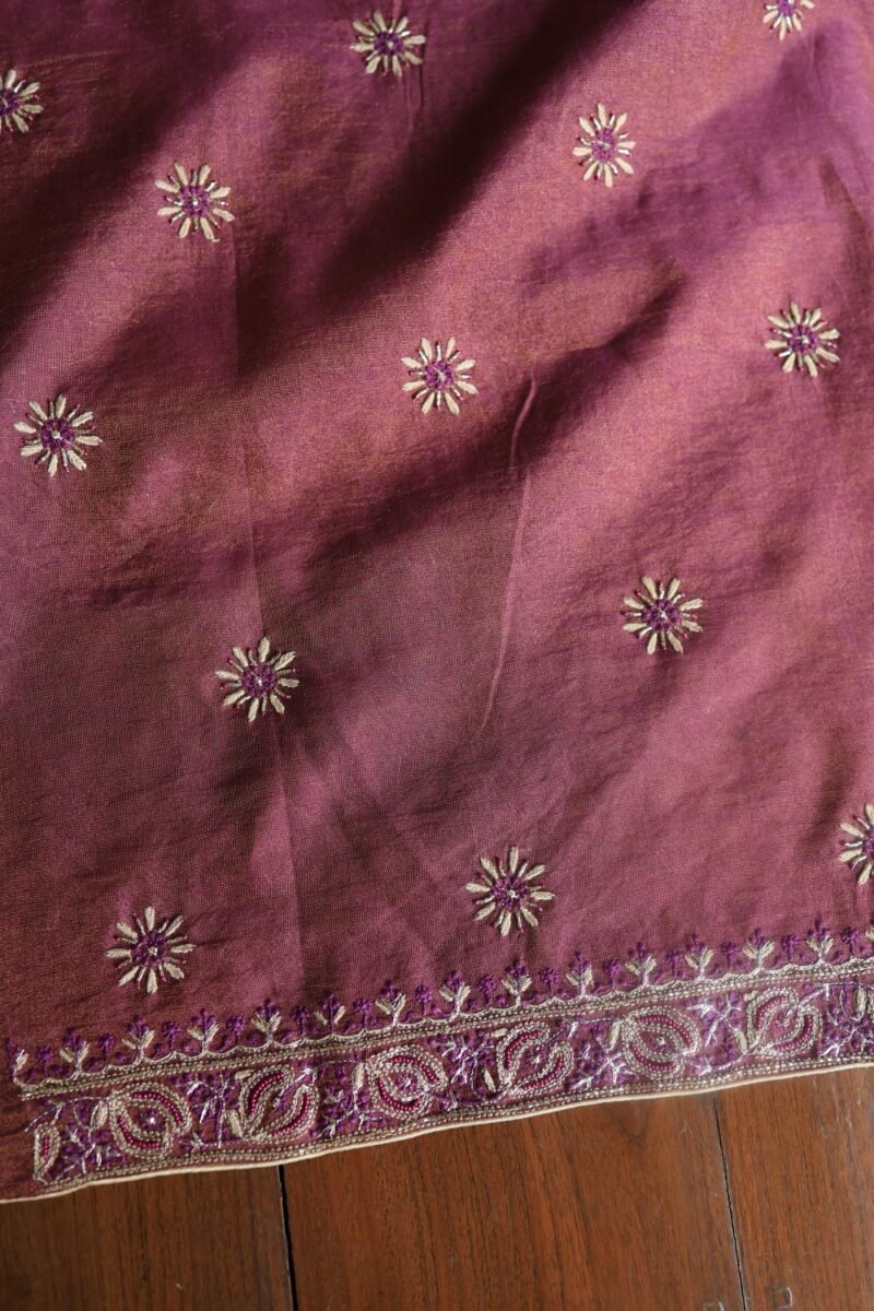 Plum Shade Roheen Tissue Silk Chikankari Fabric