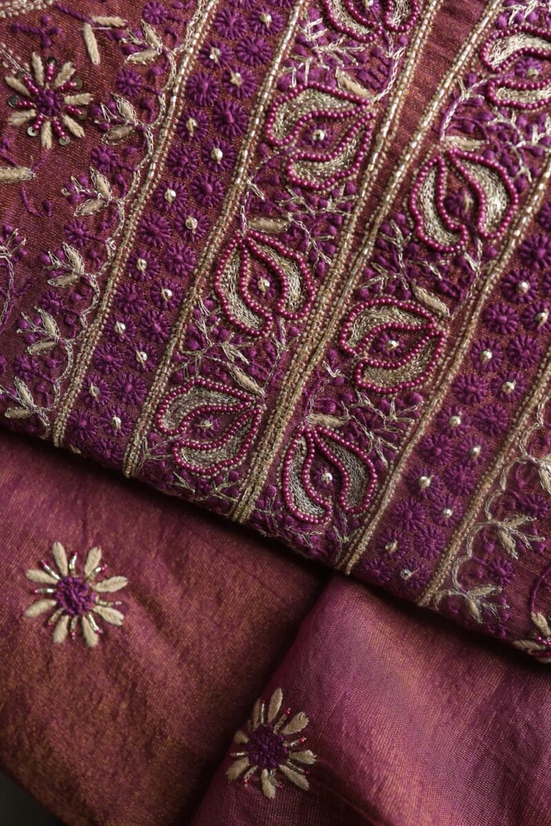 Plum Shade Roheen Tissue Silk Chikankari Fabric