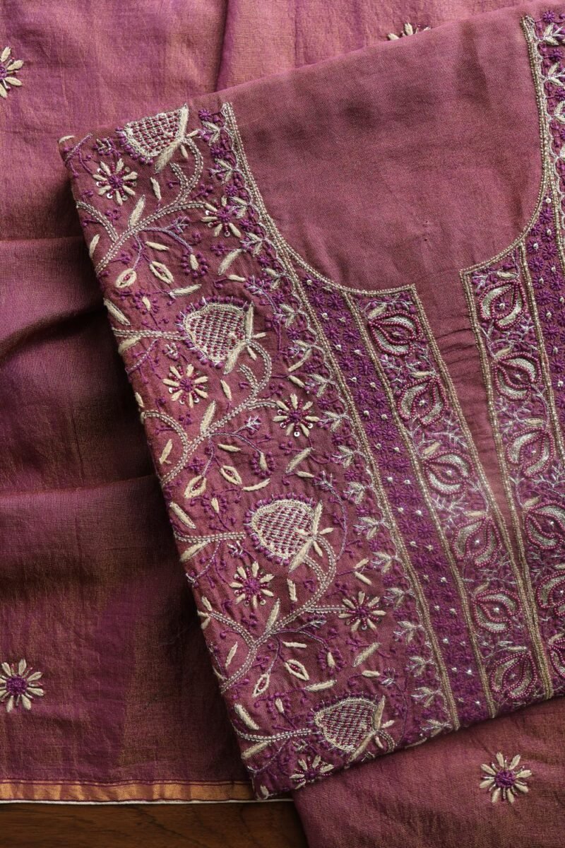 Plum Shade Roheen Tissue Silk Chikankari Fabric