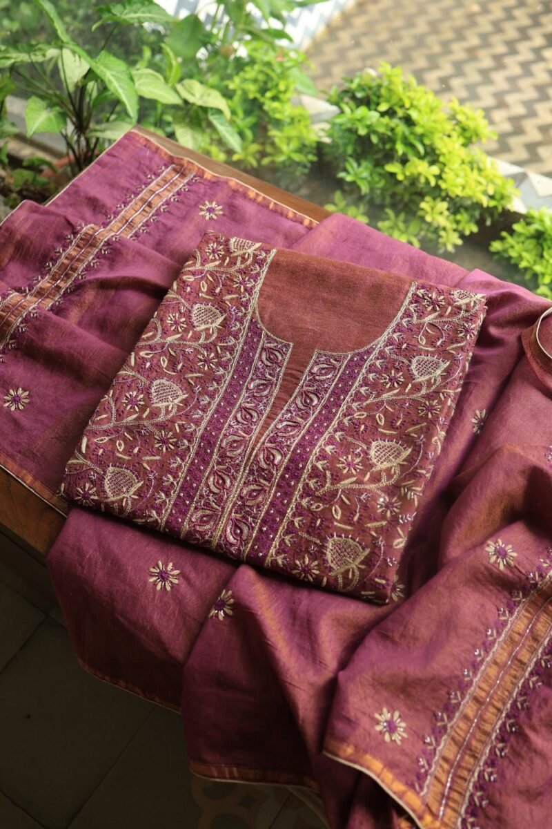 Plum Shade Roheen Tissue Silk Chikankari Fabric
