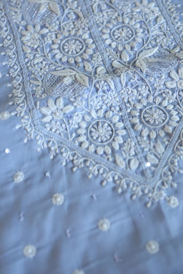 Powder Blue Cotton Chikankari Unstitched Kurta Fabrics - Image 4