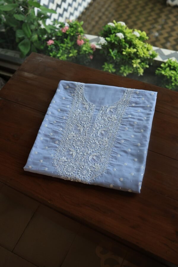 Powder Blue Cotton Chikankari Unstitched Kurta Fabrics - Image 7