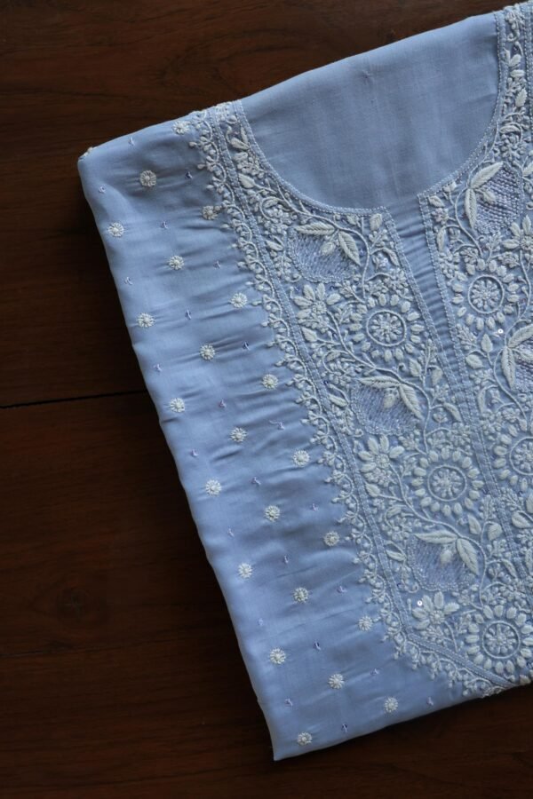 Powder Blue Cotton Chikankari Unstitched Kurta Fabrics - Image 8
