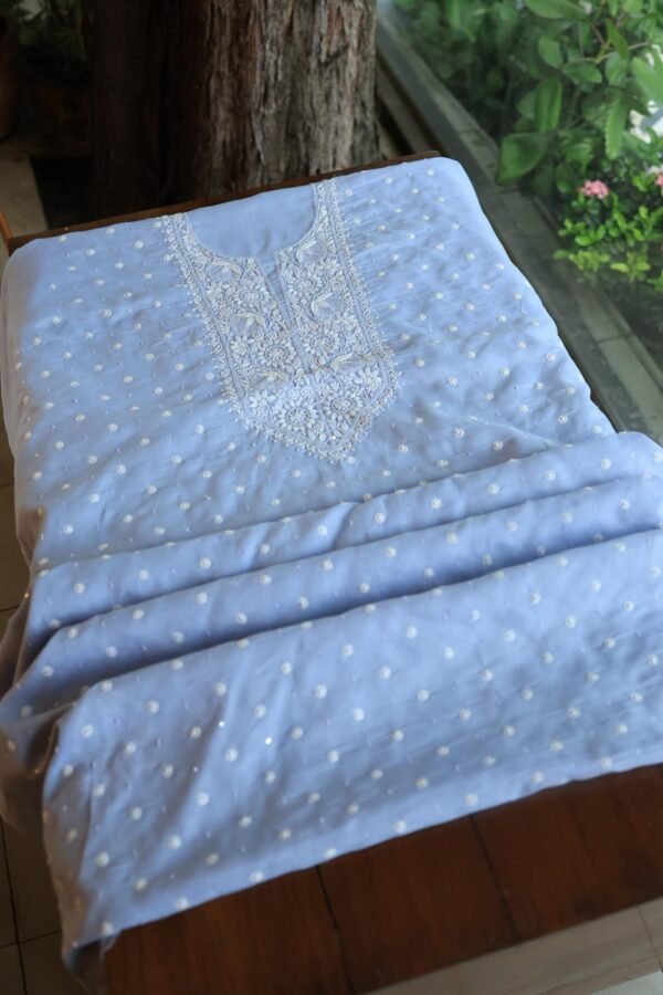 Powder Blue Cotton Chikankari Unstitched Kurta Fabrics - Image 5