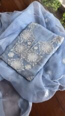 Powder Blue Noor Organza Silk Chikankari Unstitched Kurta Dupatta Set