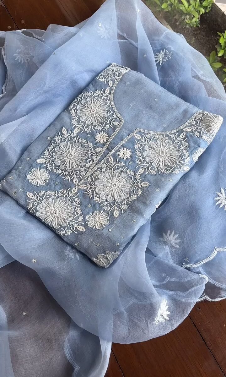 Powder Blue Noor Organza Silk Chikankari Unstitched Kurta Dupatta Set